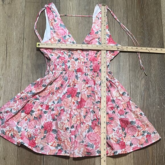 Hello Molly Sandy Shores Mini Dress M Pink Floral Smocked Waist Open Back Preppy - Picture 10 of 10